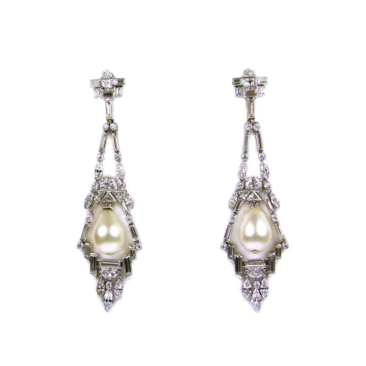 Pair of diamond and drop pearl pendant earrings